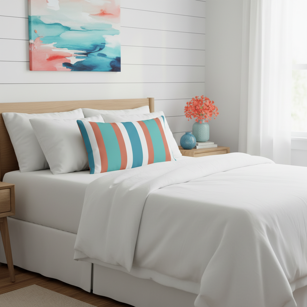 Stunning Italian coastal bedroom with striped pillow and turquoise coral artwork
