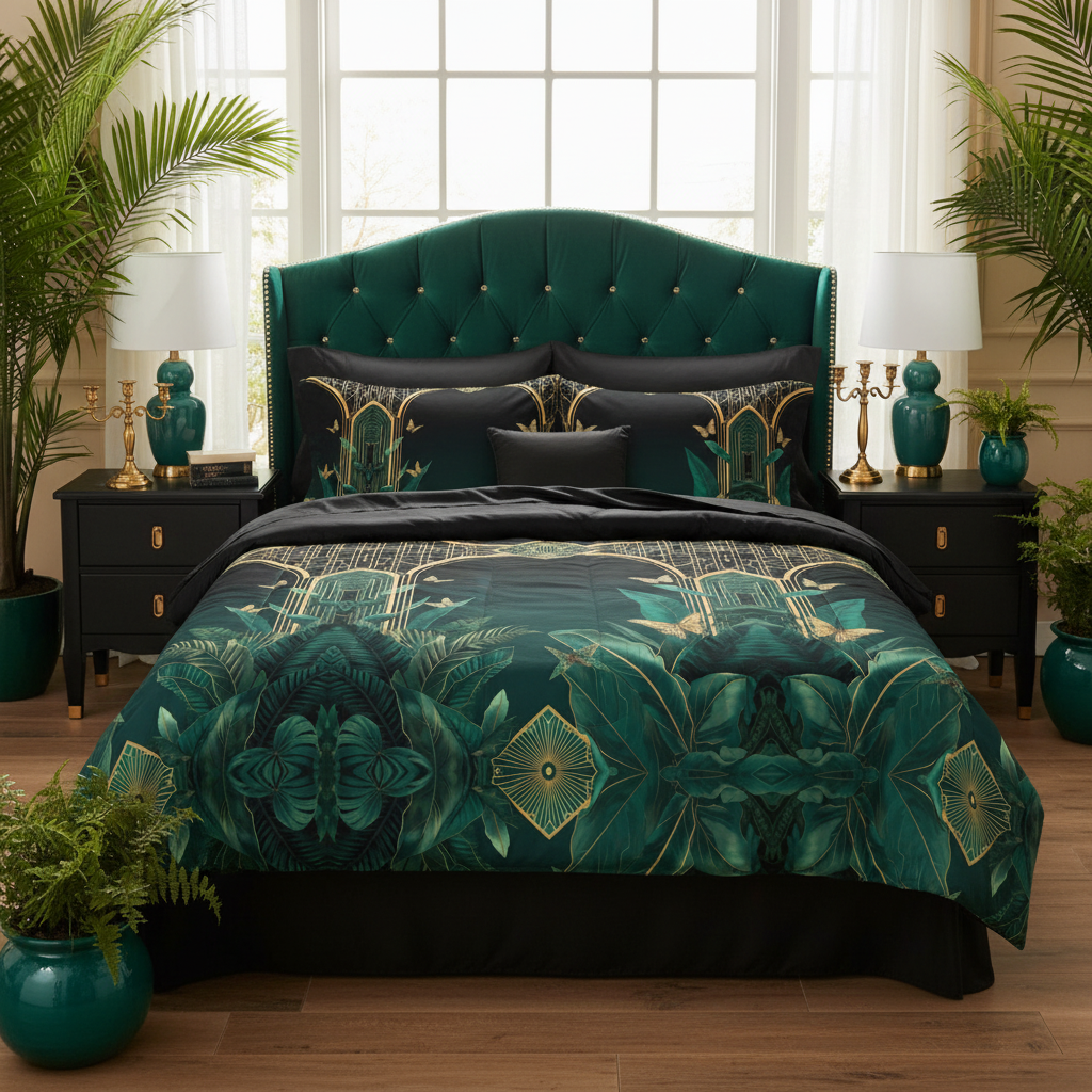 Stunning luxurious bedroom with Emerald Plants queen comforter