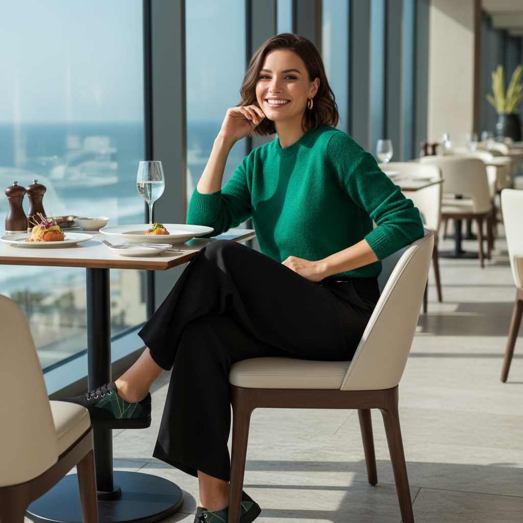 Stunning positive woman with bright smile in coastal restaurant wearing black trousers, emerald sweater and emerald geometric sneakers