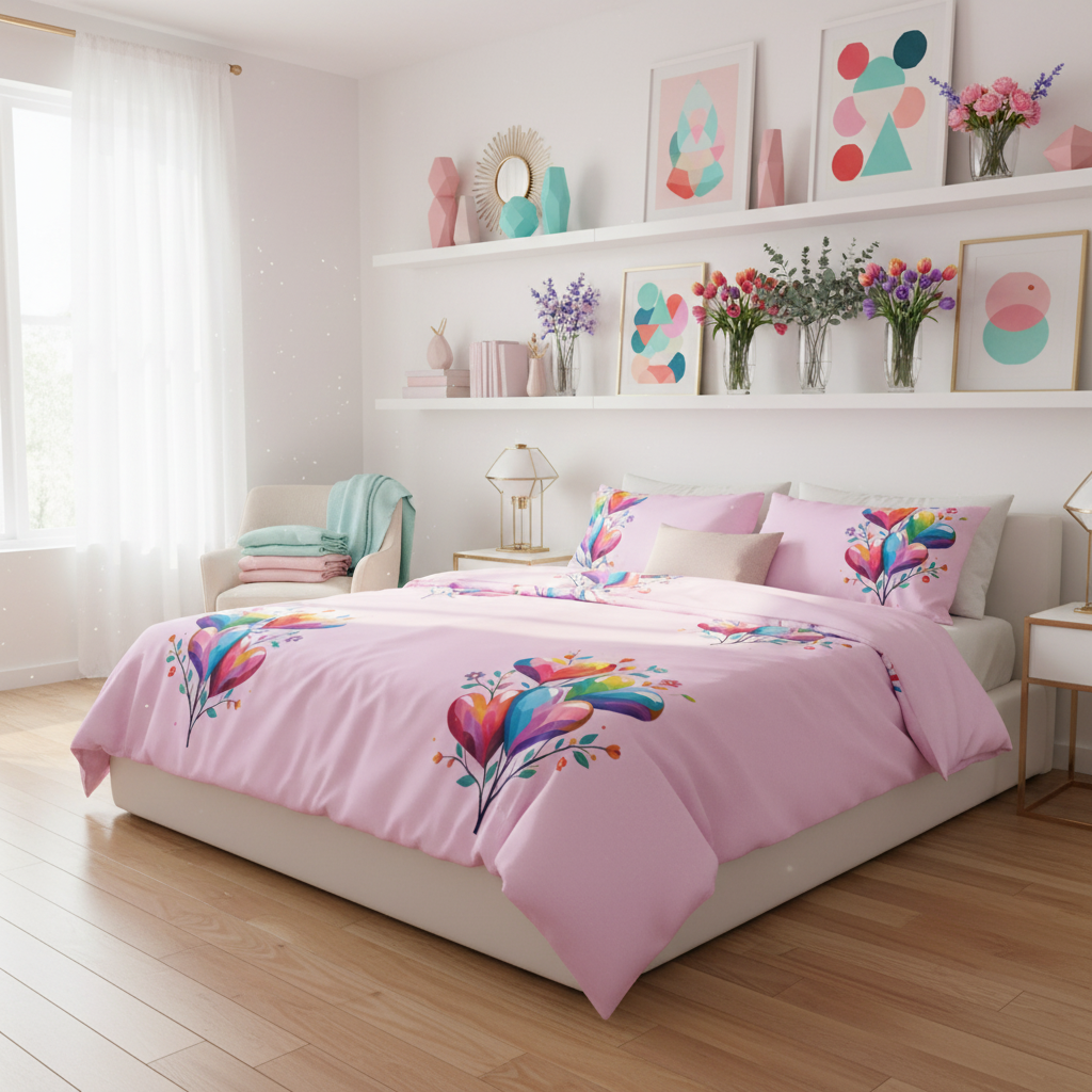 Stunning sun-filled bedroom with king size bed and pink hearts comforter