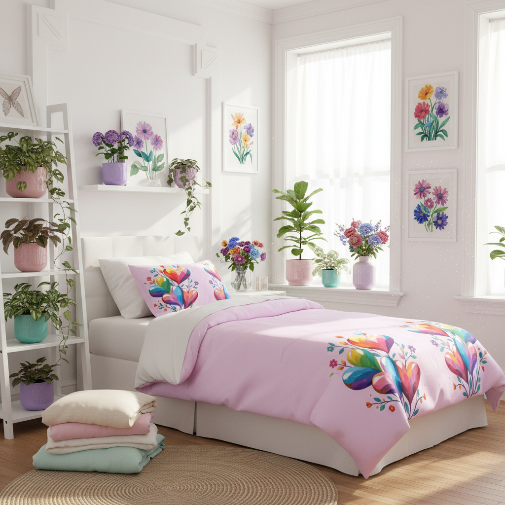 Stunning sun-filled botanical bedroom with twin size bed and pink hearts comforter
