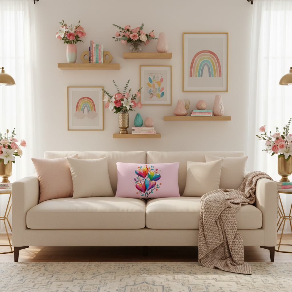Stunning sun-filled living room with pink hearts rectangular pillow