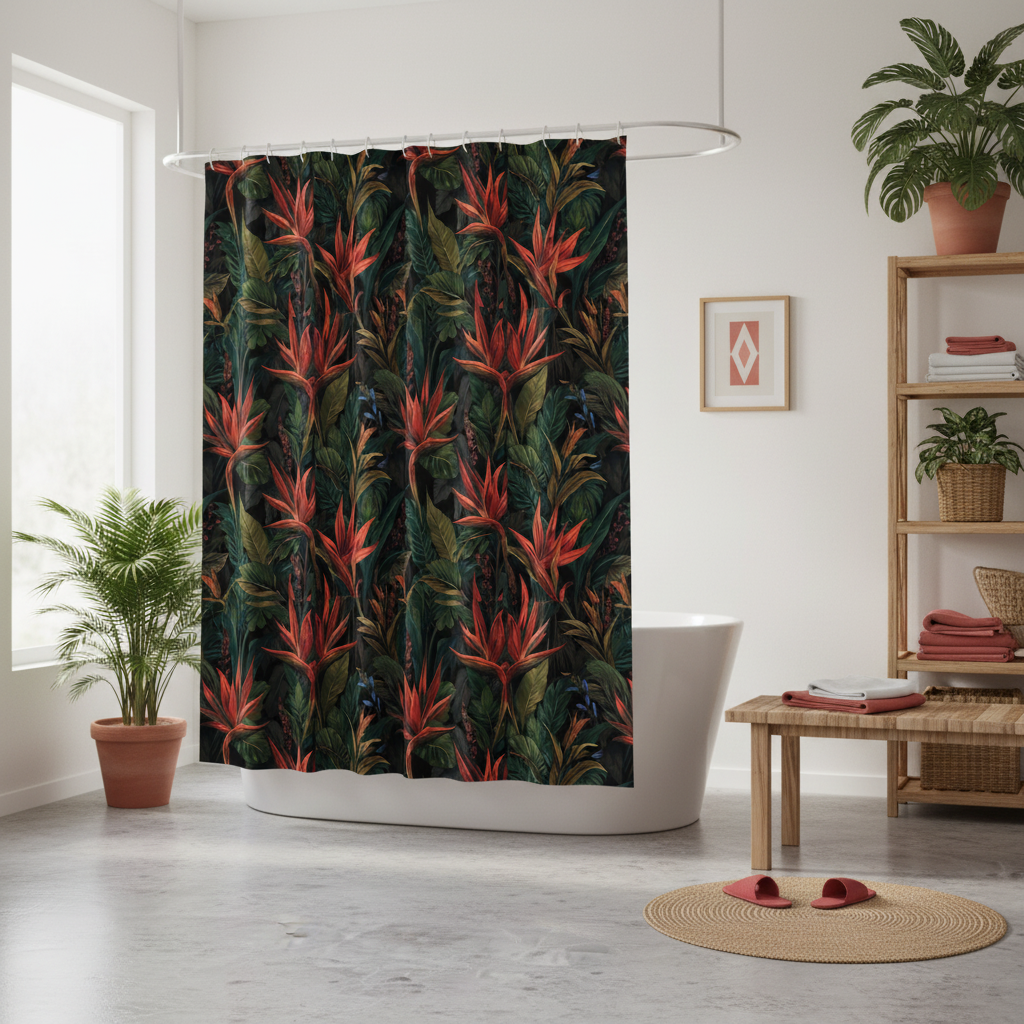 Stunning sunny tropical bathroom with shower curtain with coral red flowers and green palm leaves, white bathtub, natural wood furniture, woven baskets, lush green plants, coral red accents, bright daylight, luxurious refined tropical beach house aesthetic
