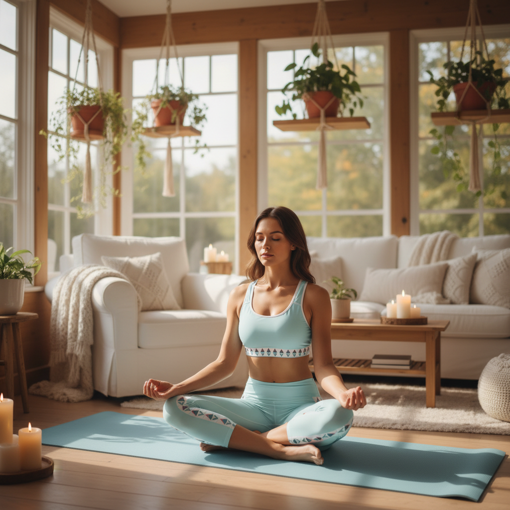 Stunning woman in light blue sports bra and capri leggings meditating in cozy warm sunroom with candles and plants