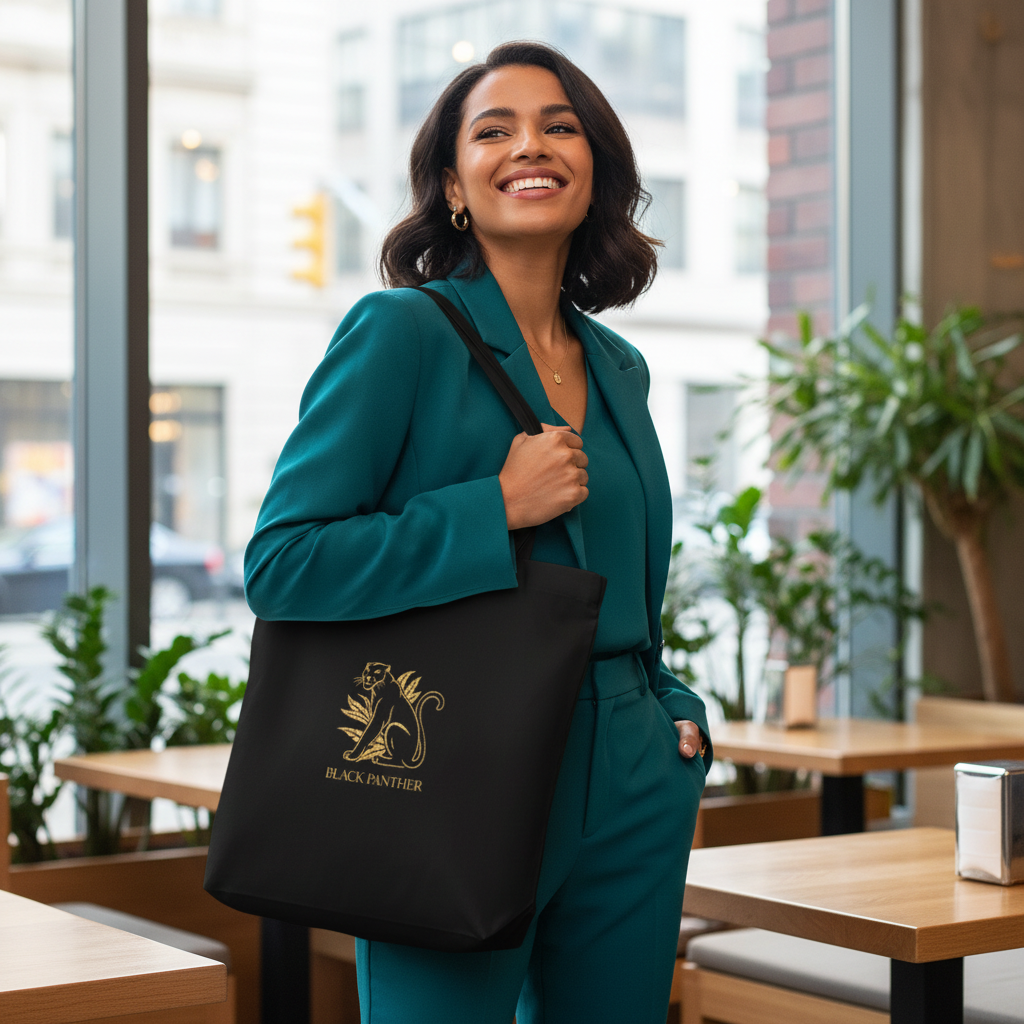 Stunning woman in teal clothing with Black Panther tote bag showing confidence and happiness