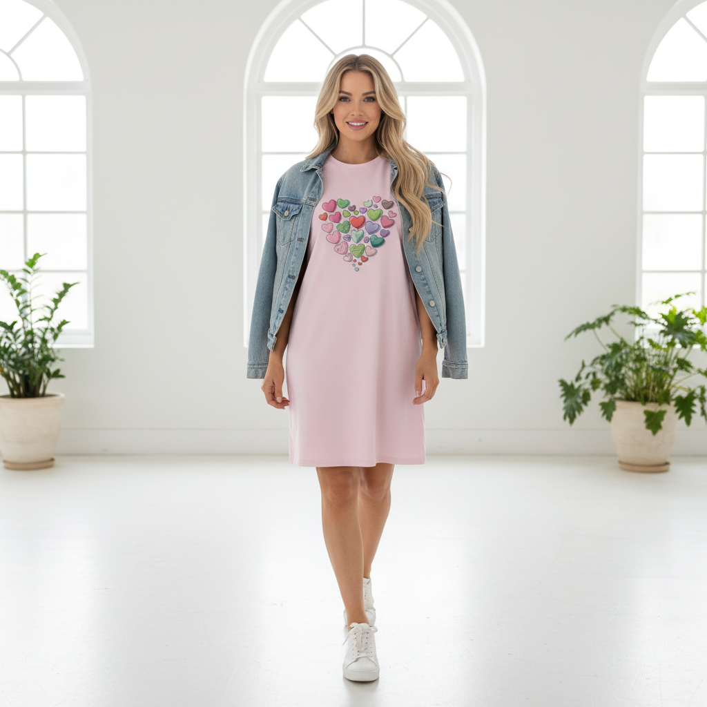 Stylish blonde woman in pink t-shirt dress with hearts and denim jacket