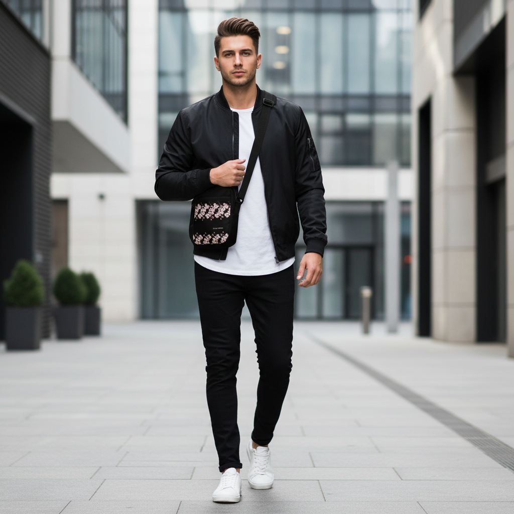 Stylish man in black bomber jacket with cherry blossom crossbody bag