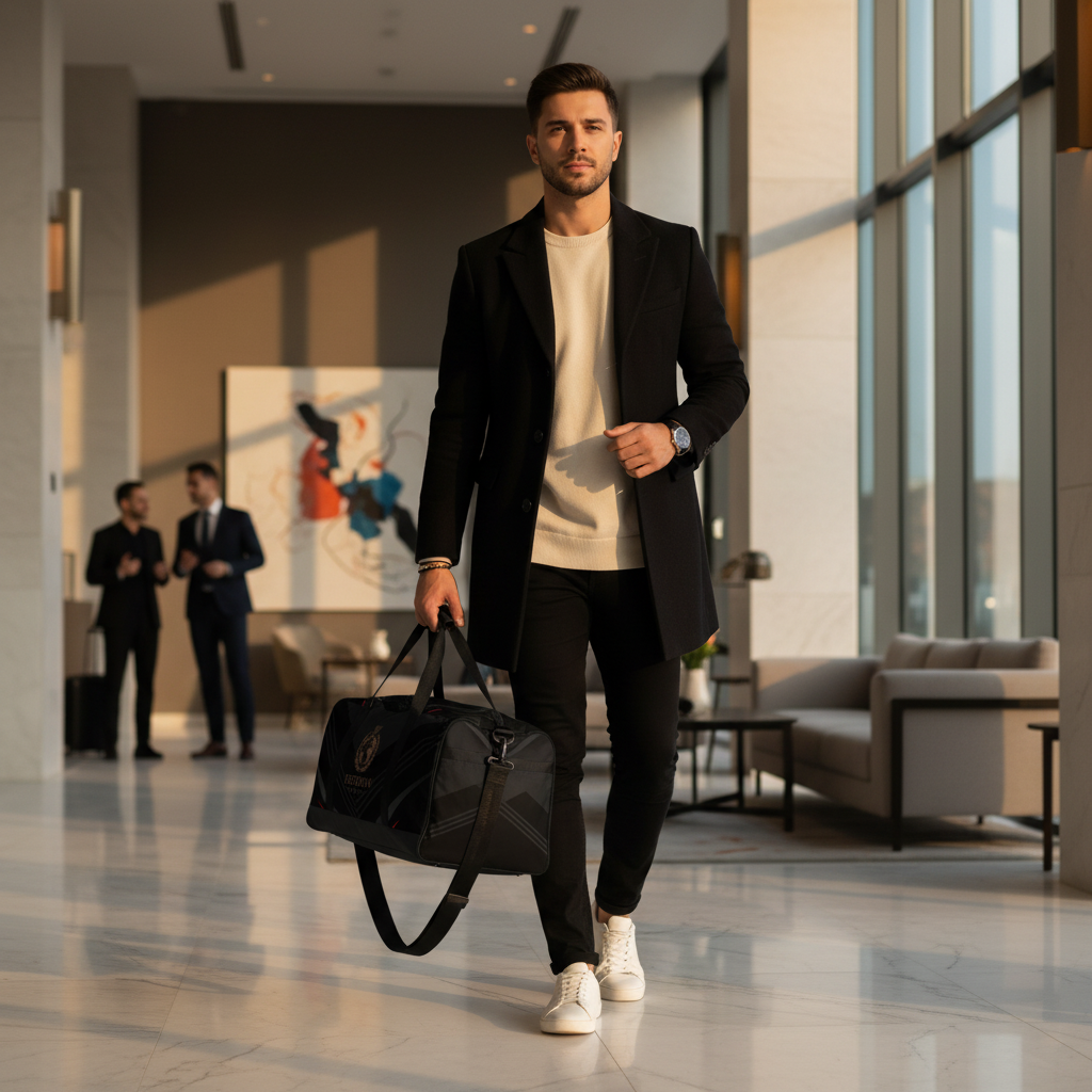Stylish man in casual travel outfit carrying black duffle with gold Freedom emblem