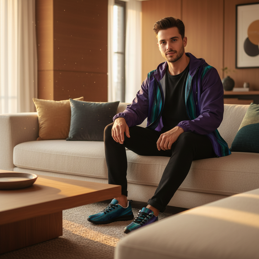 Stylish man in crystal windbreaker cozy home