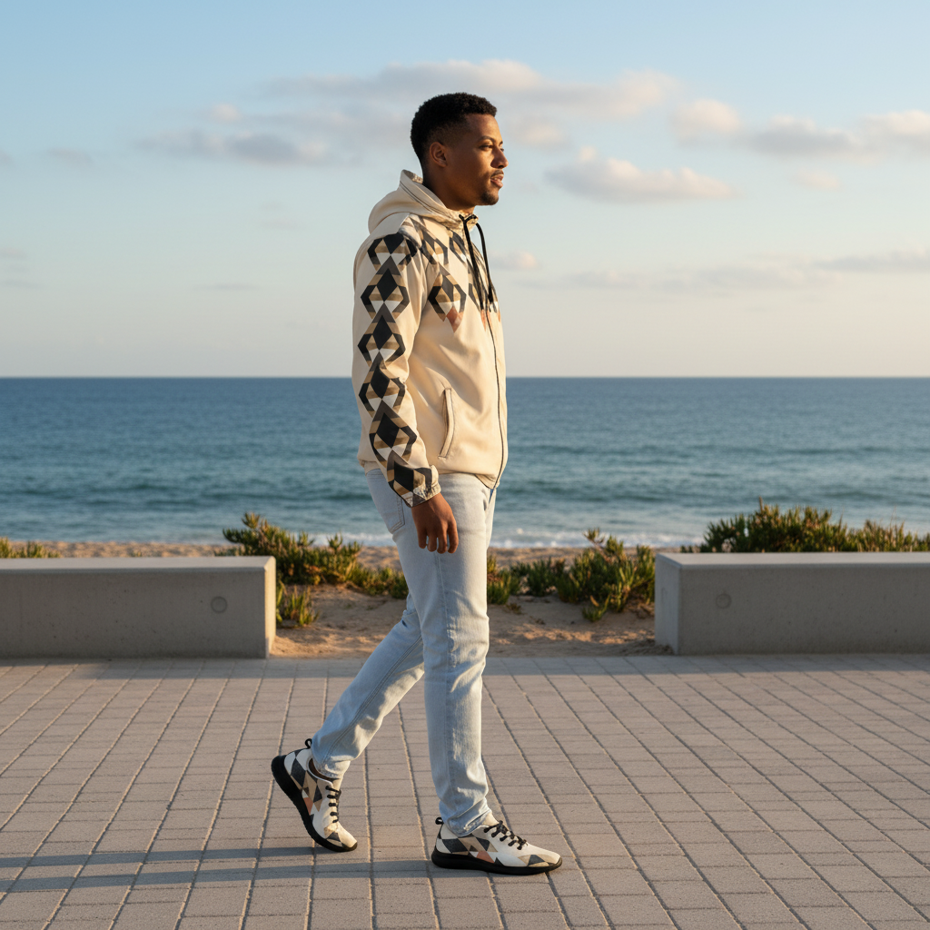 Stylish man in geometric windbreaker walking on beach promenade