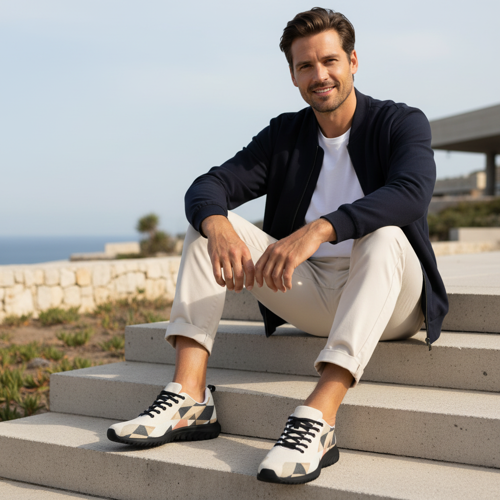 Stylish man in navy bomber jacket with geometric shoes