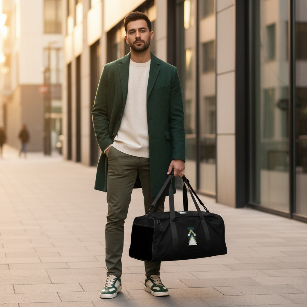 Stylish man in olive chinos and cream sweater carrying geometric pattern duffle bag
