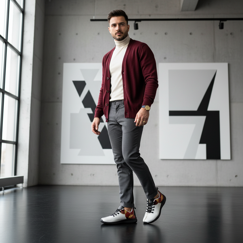 Stylish man in white turtleneck and red cardigan shot from low angle with geometric shoes emphasized