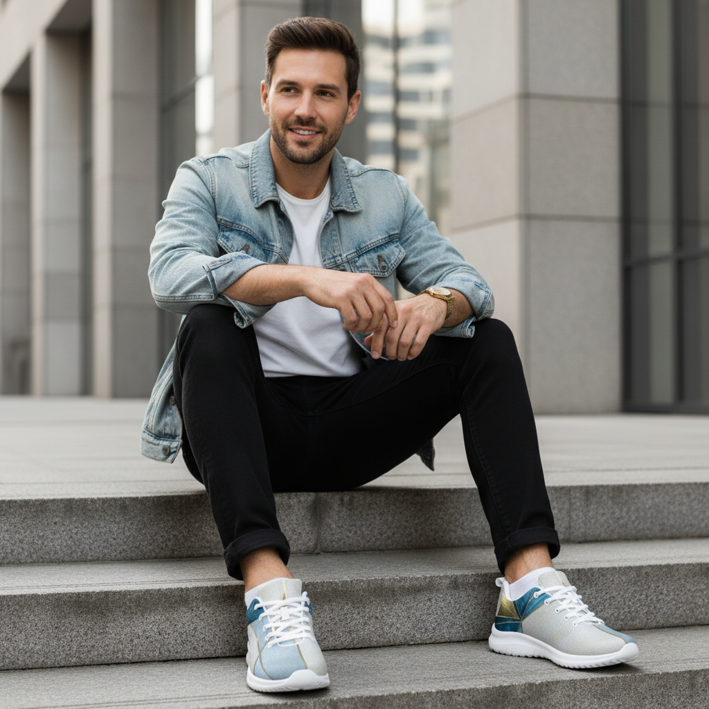 Stylish man on steps in black jeans white tee and light blue denim jacket with teal gold shoes