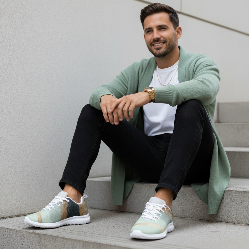 Stylish man on steps in black jeans white tee and mint oversized hoodie with abstract wave shoes