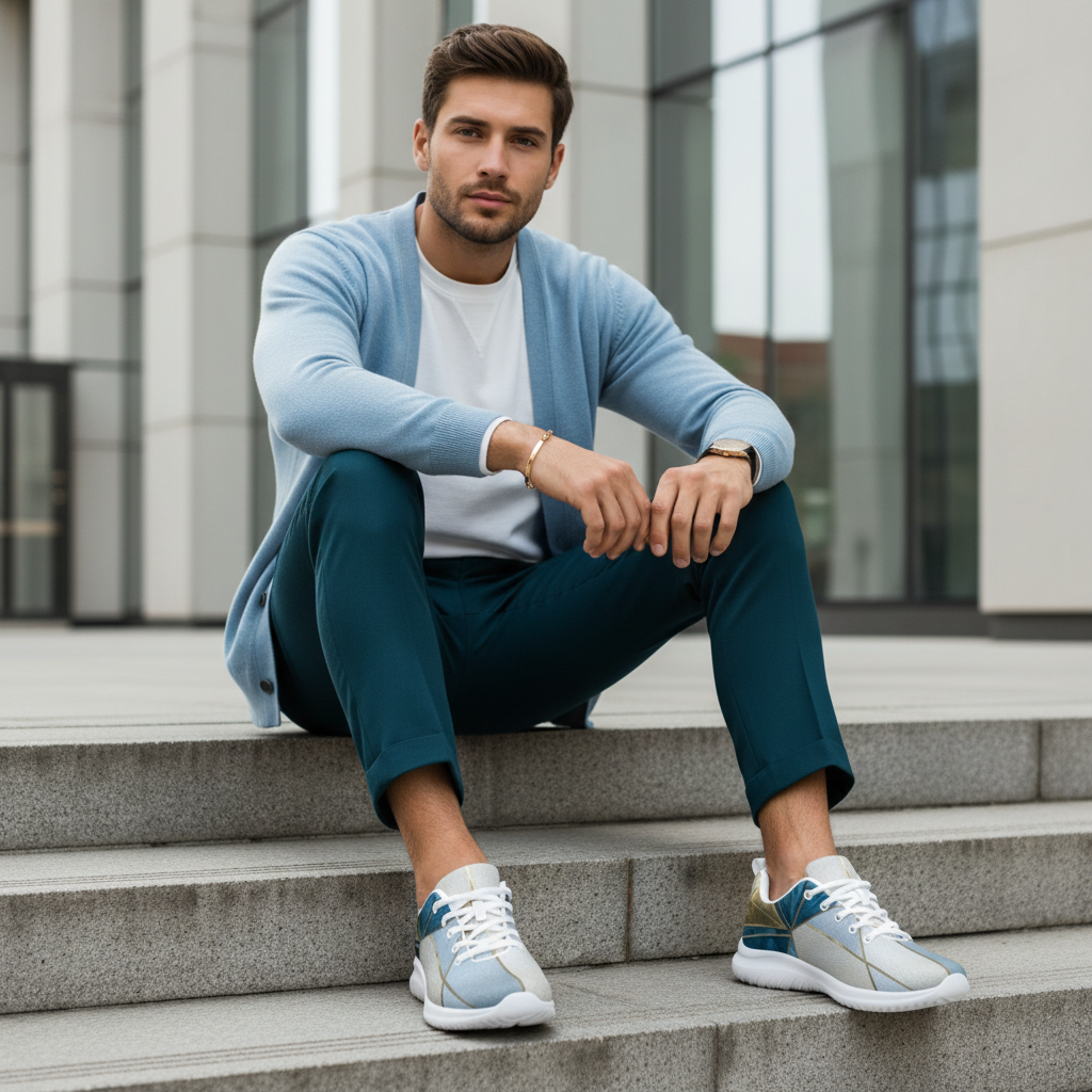 Stylish man on steps in teal joggers white sweatshirt and light blue cardigan with geometric shoes