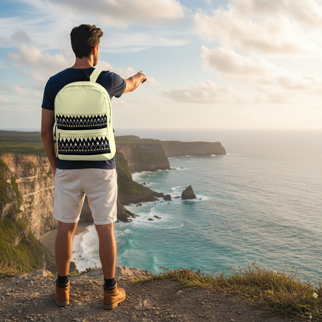 Stylish man with Art Deco backpack at scenic ocean viewpoint