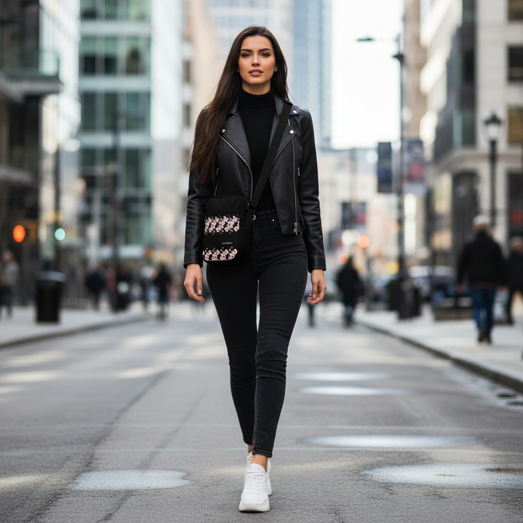 Stylish woman in all-black outfit with cherry blossom crossbody bag