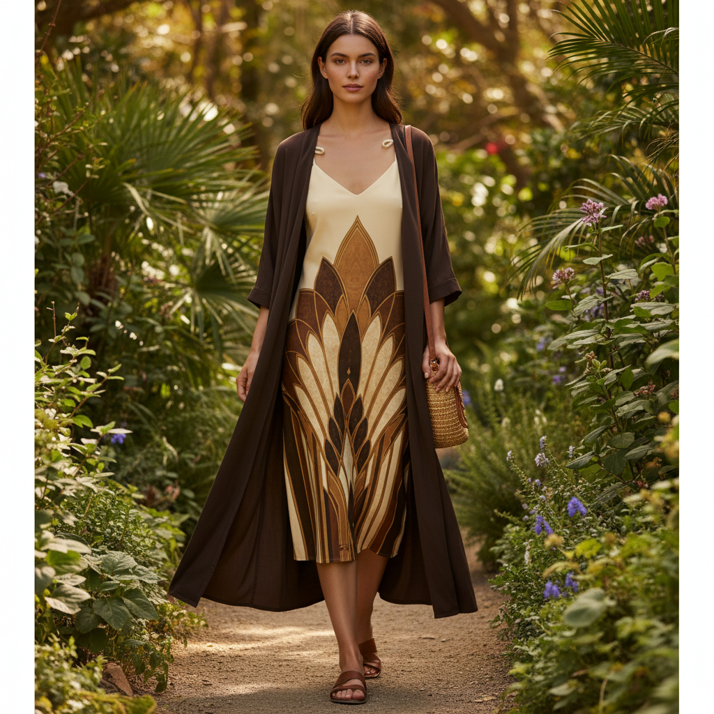 Stylish Woman in Cream Botanical Slip Dress with Brown Duster Coat and Rattan Bag in Garden