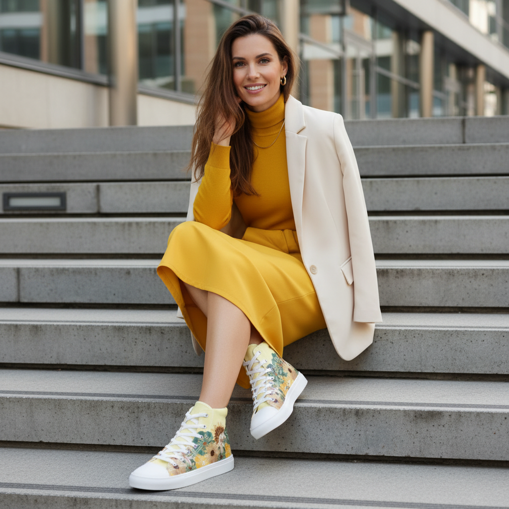 Stylish woman in sunny yellow midi skirt and turtleneck with cream blazer and floral shoes