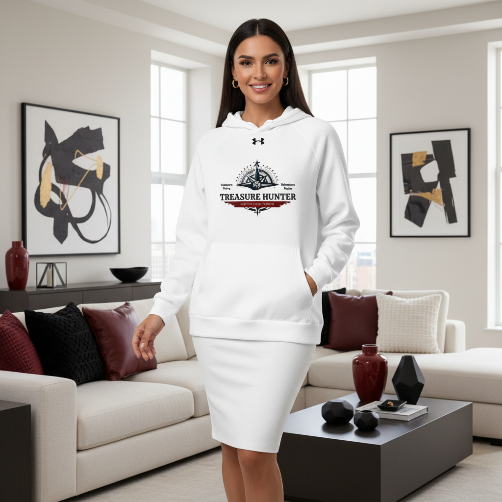 Stylish woman in white treasure hunter hoodie over white skirt in contemporary apartment