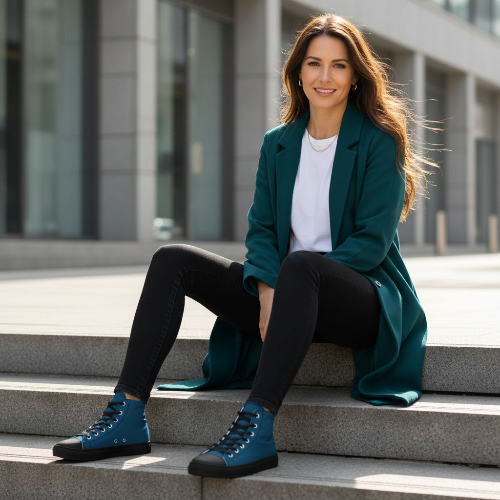 Stylish woman with long hair in black jeans white tee and teal coat with teal high-tops