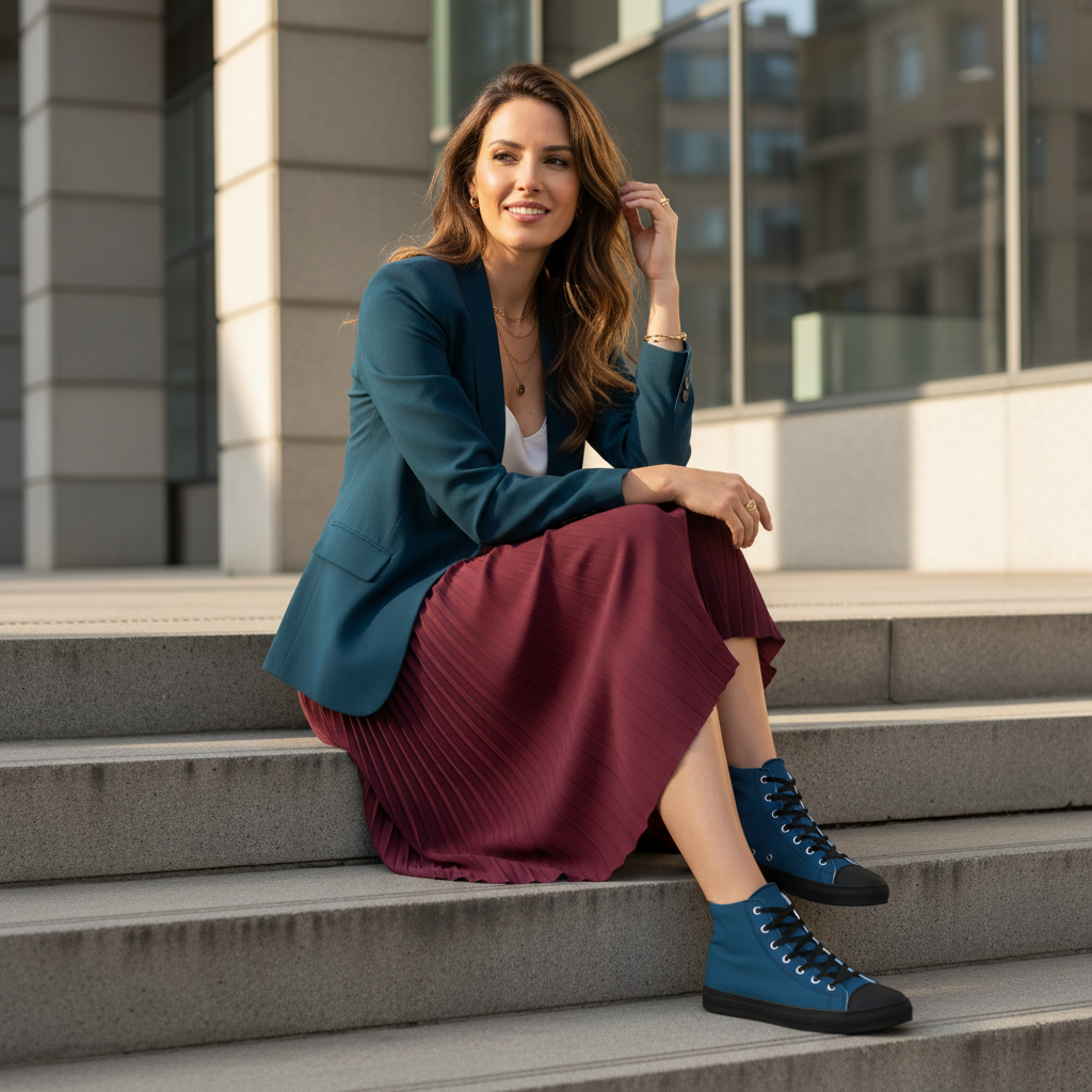 Stylish woman with long hair in burgundy midi skirt teal blazer with teal high-top shoes