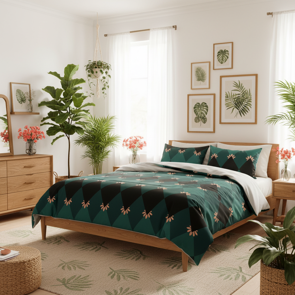 Sunny botanical bedroom with emerald green mosaic duvet cover, natural wood bed frame, white walls and curtains, abundant green tropical plants throughout, botanical artwork on walls, coral pink flowers in vases, natural wood furniture, beige and green botanical color palette, bright warm natural sunlight