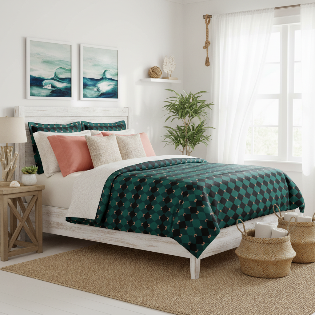 Sunny coastal bedroom with emerald green mosaic duvet cover, weathered white wood bed frame, white walls and curtains, driftwood accents, natural wood furniture, coral pink and cream pillows, woven seagrass baskets, green plants, coastal rope decor, ocean-inspired artwork, sandy beige tones, bright natural sunlight