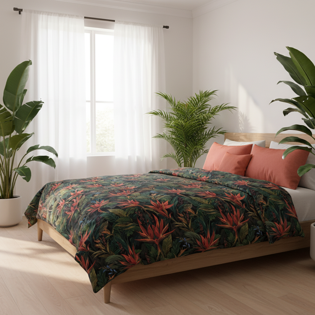 Sunny coastal bedroom with tropical comforter, king bed, white walls and curtains, coral red throw pillows, lush green plants, bright sunlight, beautifully coordinated in coral and green