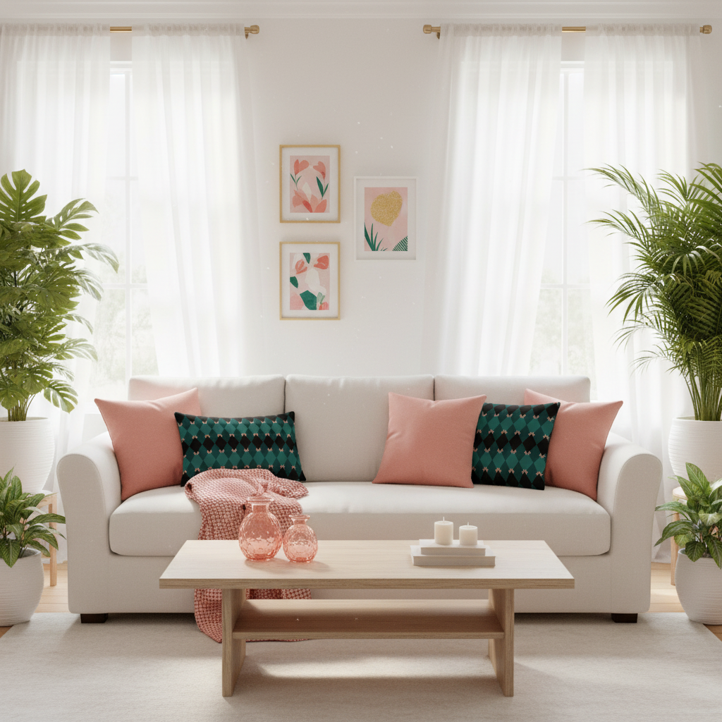 Sunny coastal living room with emerald mosaic decorative pillows on white sofa, white walls and curtains, abundant coral pink and peach throw pillows, salmon pink blanket, framed artwork in coral and emerald tones, green tropical plants, coral pink candles and vases, warm sunlight