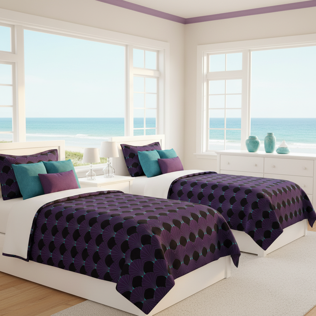 Sunny coastal twin bedroom with geometric duvet