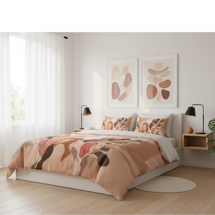 Bright Scandinavian-style bedroom with bohemian abstract duvet cover, terracotta planters and natural wood accents