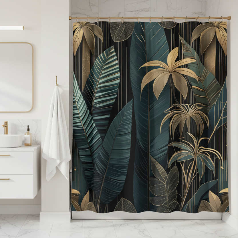 Clear Spa Bathroom with floral dark green shower curtain. Dark green and gold colors, art deco style 