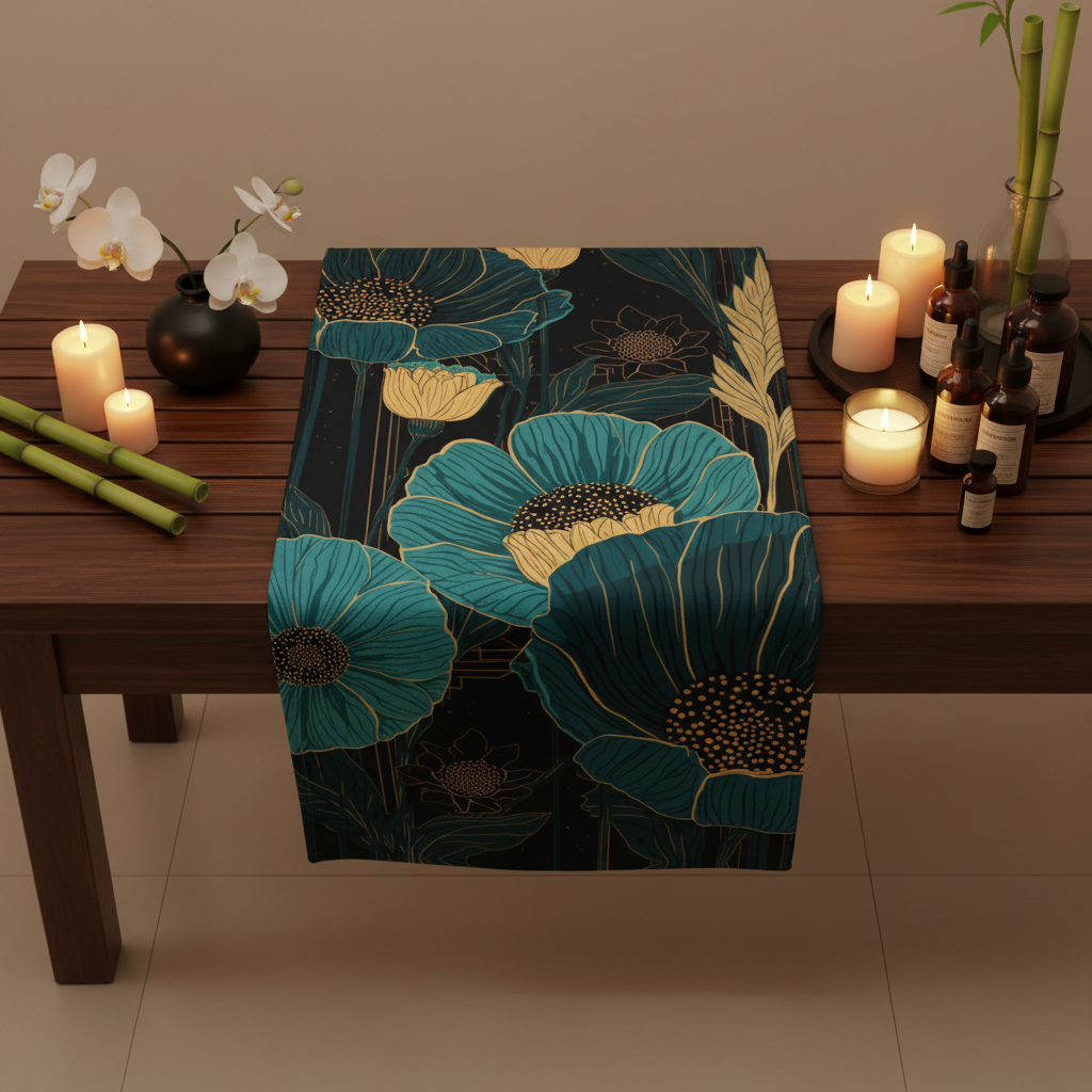 Teal and gold botanical beach towel fully spread on a luxury spa wooden bench surrounded by orchids, candles and bamboo in a zen wellness setting