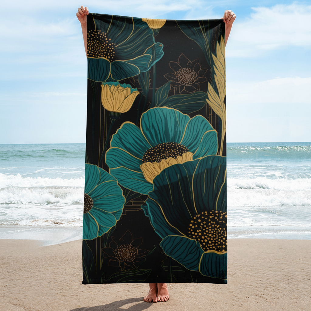 Teal and gold botanical beach towel held fully open by a woman on a sunny white sand beach with turquoise ocean waves in the background showing full towel size