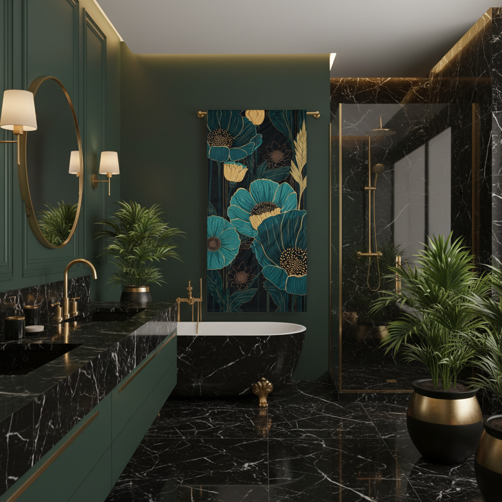 Teal and gold botanical beach towel hung fully open on a gold towel rail in a luxury dark emerald bathroom with marble surfaces, tropical plants and warm ambient lighting