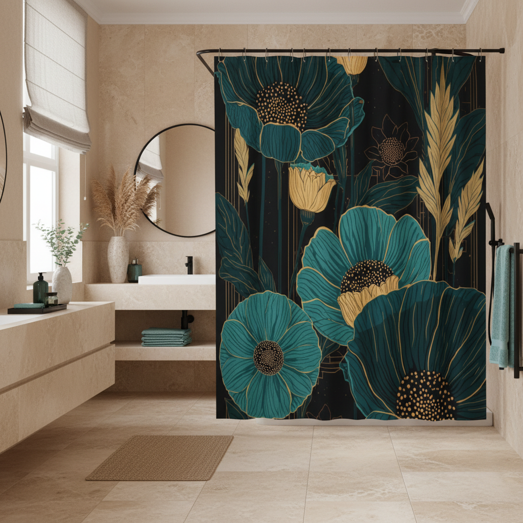 Teal and gold botanical shower curtain as a statement piece in an elegant nature-inspired beige bathroom with black fixtures, teal accessories, pampas grass and travertine tiles