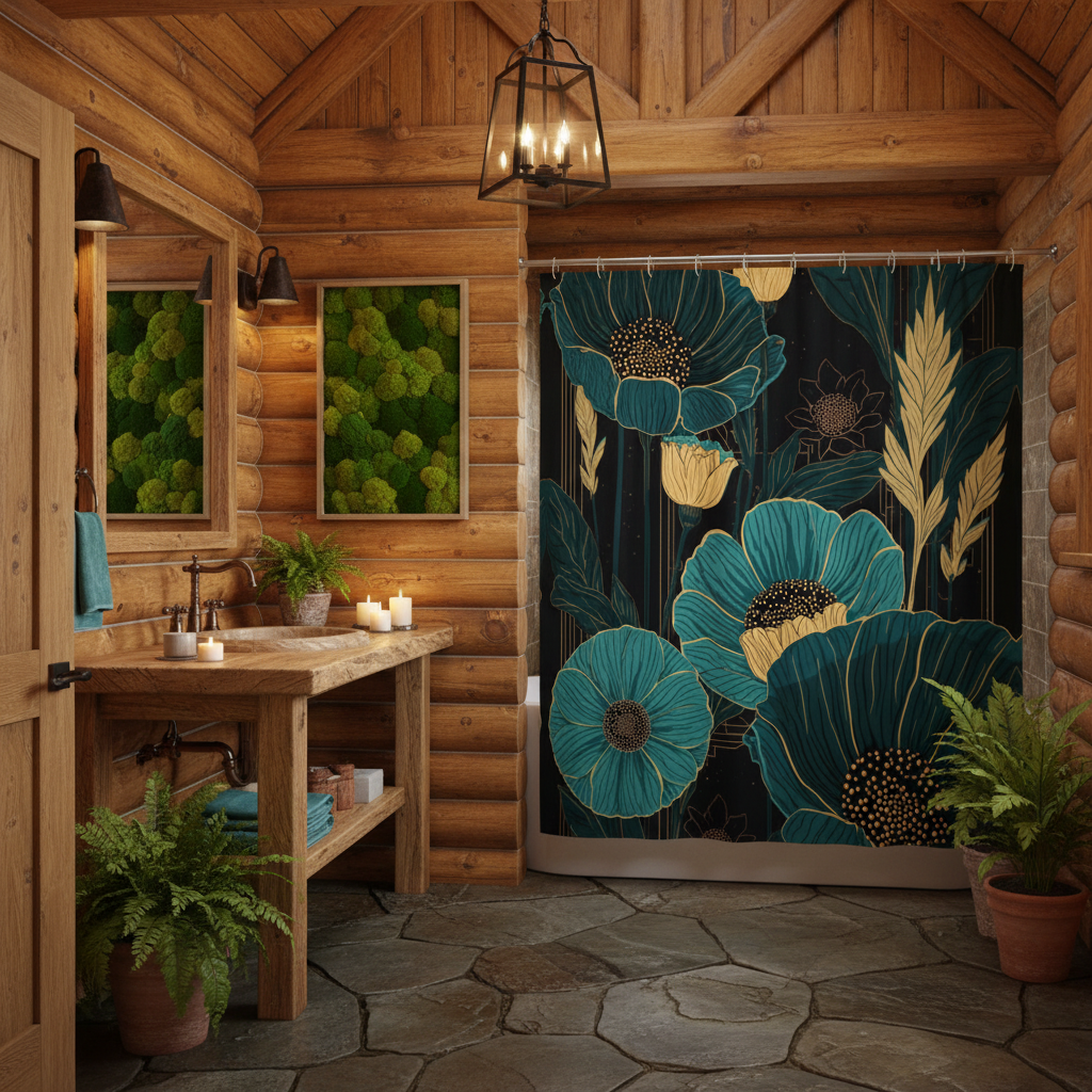 Teal and gold botanical shower curtain styled in a luxury rustic log home bathroom with wood walls, stone floor, bronze fixtures and lush greenery