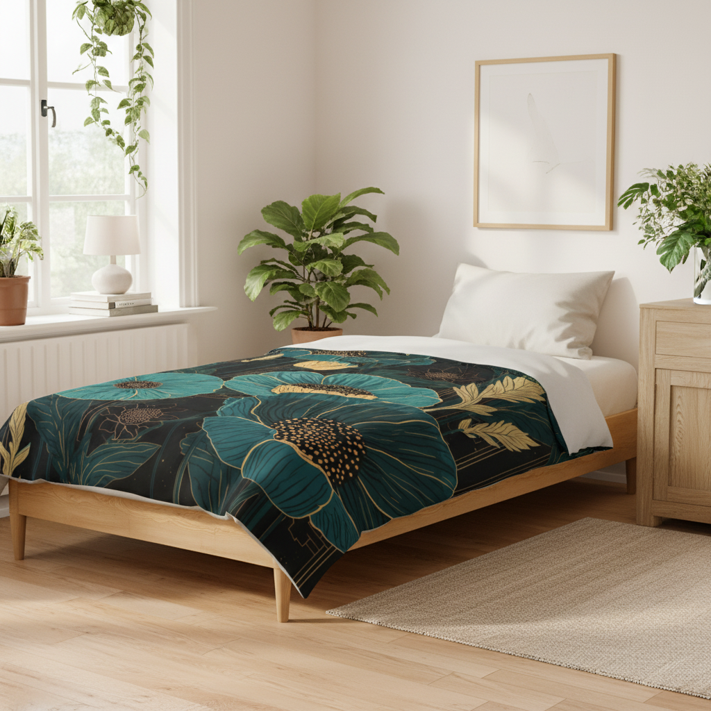 Teal and gold floral twin comforter in natural wood bedroom