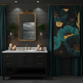Teal floral beach towel fully displayed in dark moody coastal bathroom