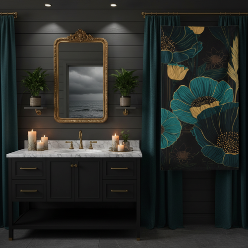 Teal floral beach towel fully displayed in dark moody coastal bathroom