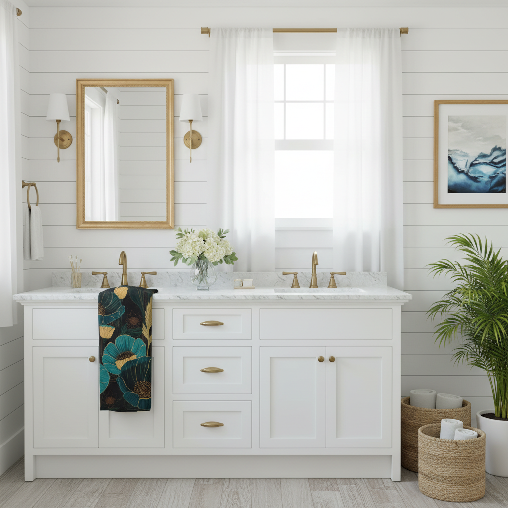 Teal floral beach towel in bright white coastal bathroom