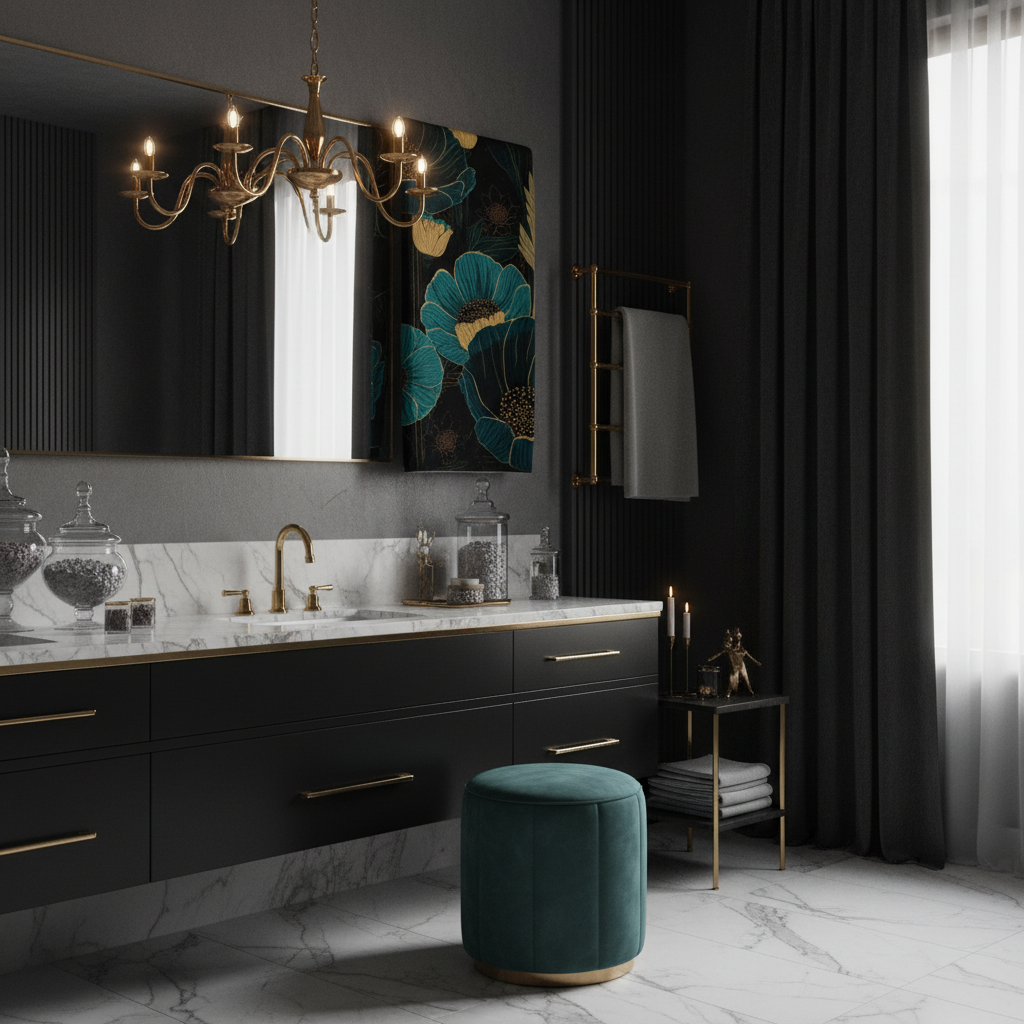 Teal floral beach towel in dramatic dark luxury bathroom