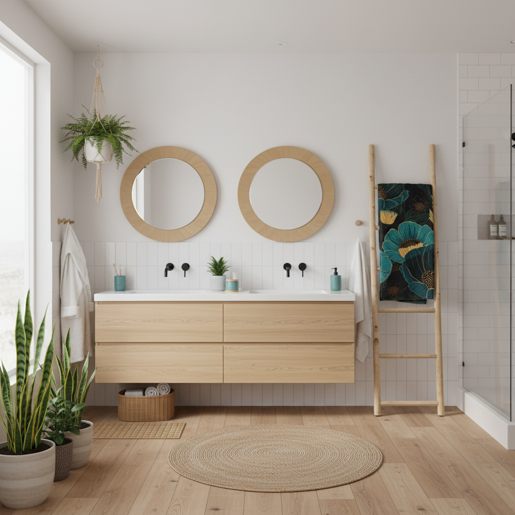 Teal floral beach towel in warm Scandinavian bathroom