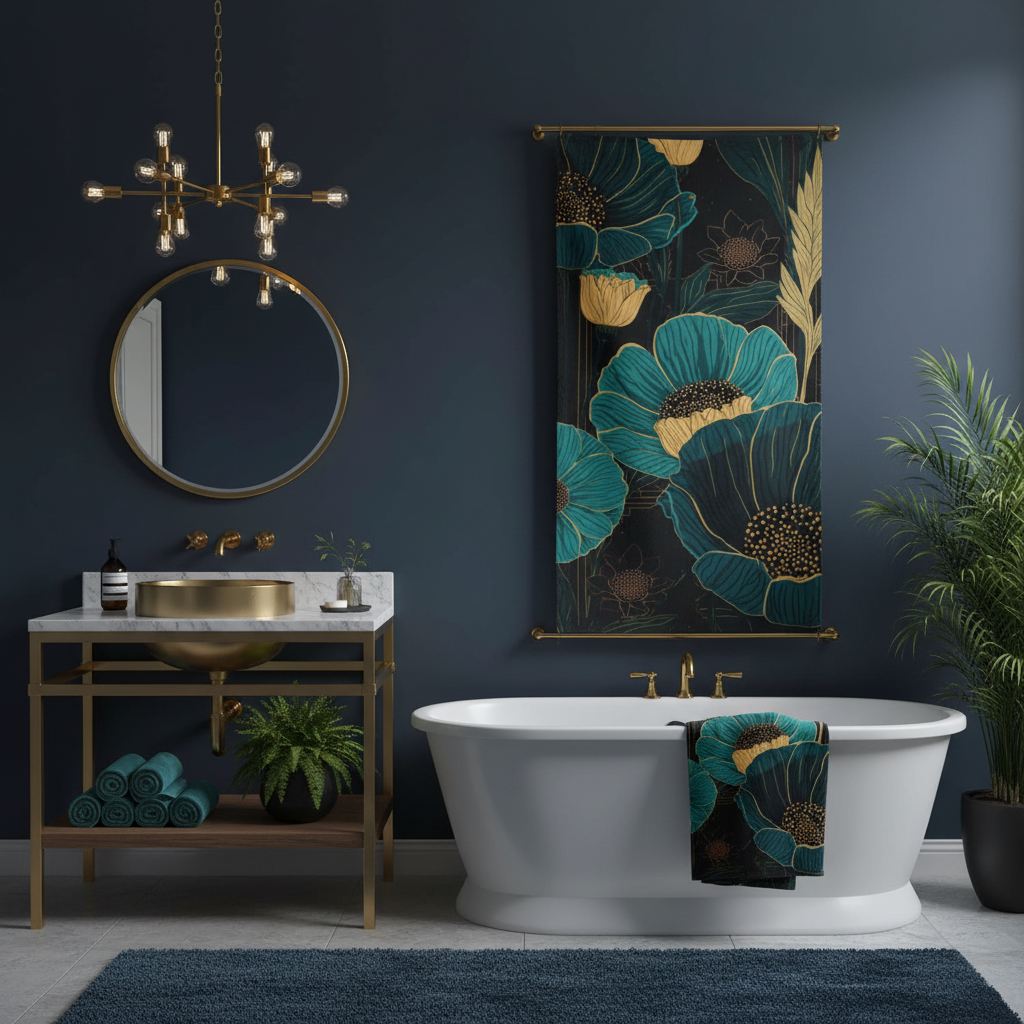 Teal floral beach towel spread out in dark coastal spa bathroom