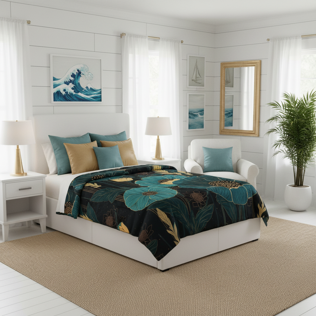Teal floral comforter in fully styled white coastal bedroom