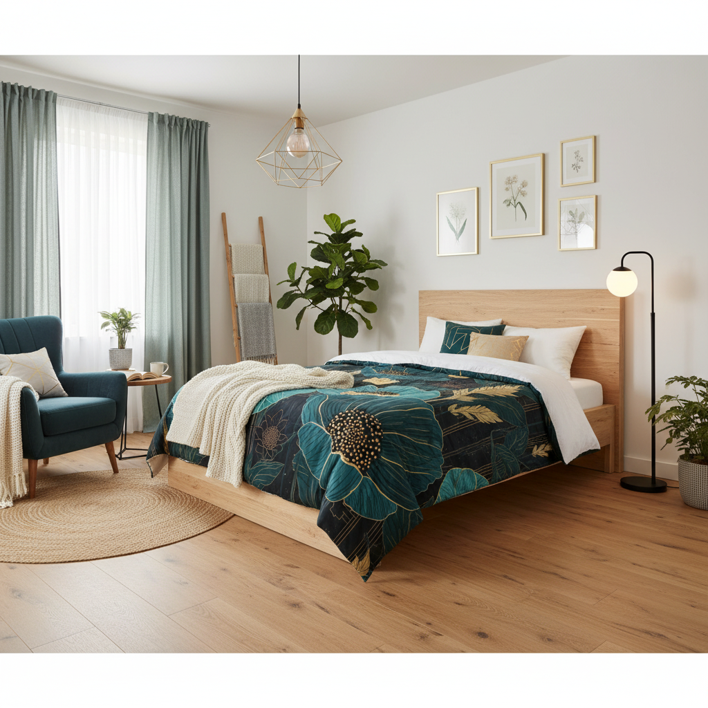 Teal floral comforter in warm Scandinavian bedroom