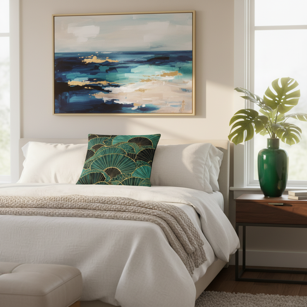 Teal pillow on bed with emerald vase and art