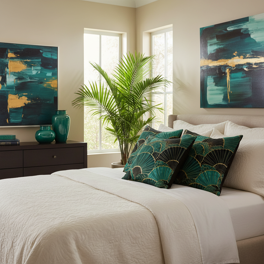 Teal pillows with emerald vases and tropical plant